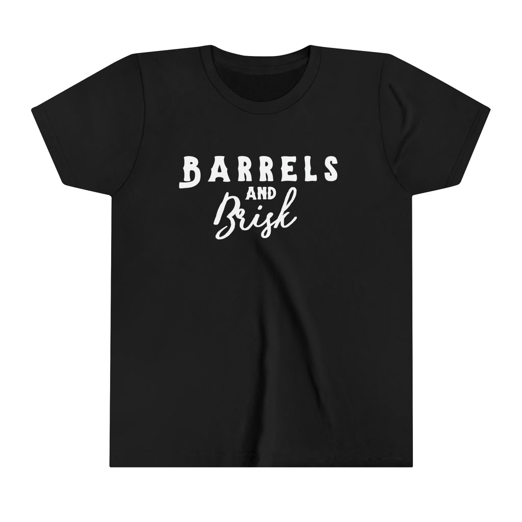 Black youth short sleeve with white lettering reading "Barrels and Brisk".