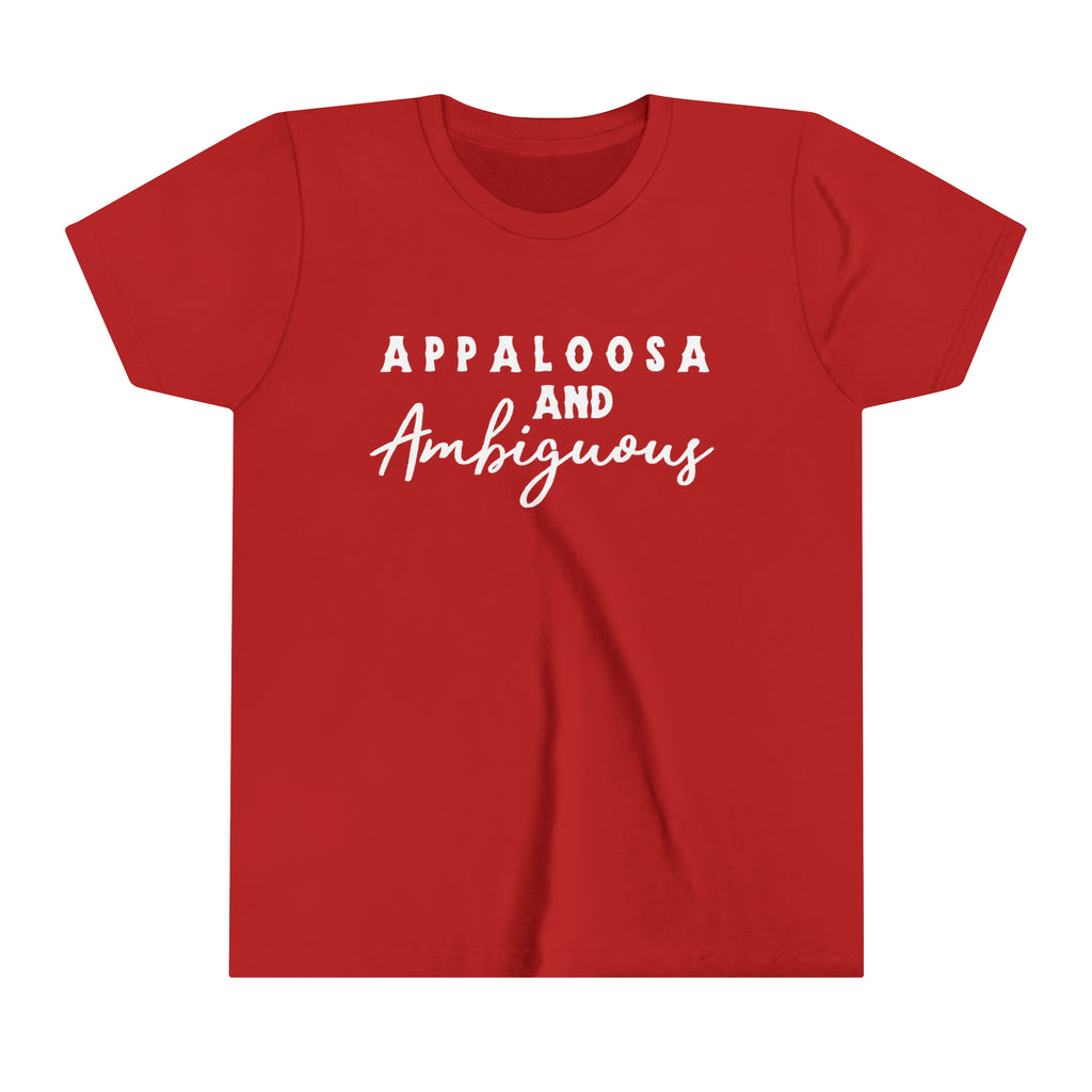 Western red youth short sleeve with white lettering that reads "Appaloosa & Ambiguous".