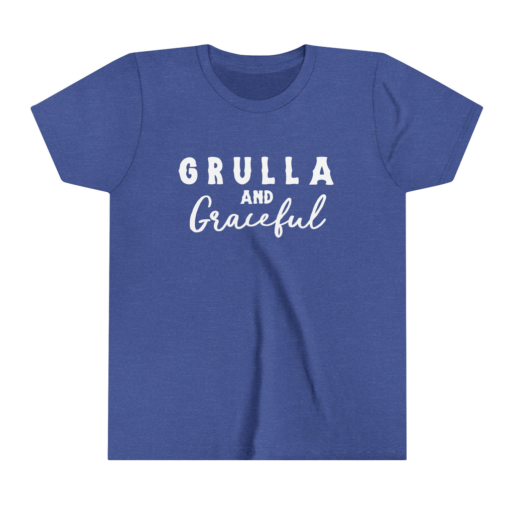 Royal blue youth short sleeve white white lettering reading "Grulla and Graceful". 