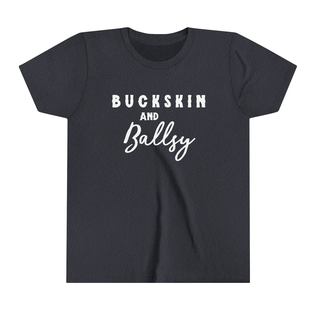 Navy youth short sleeve with white lettering reading "Buckskin and Ballsy". 