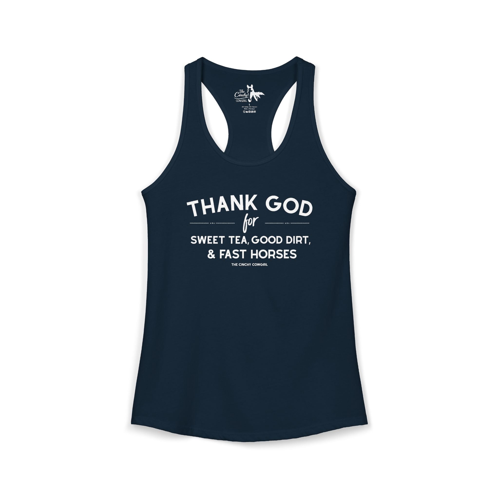 Thank God For Sweet Tea, Good Dirt & Fast Horses Tank Top Tank Top The Cinchy Cowgirl - Print XS Solid Midnight Navy