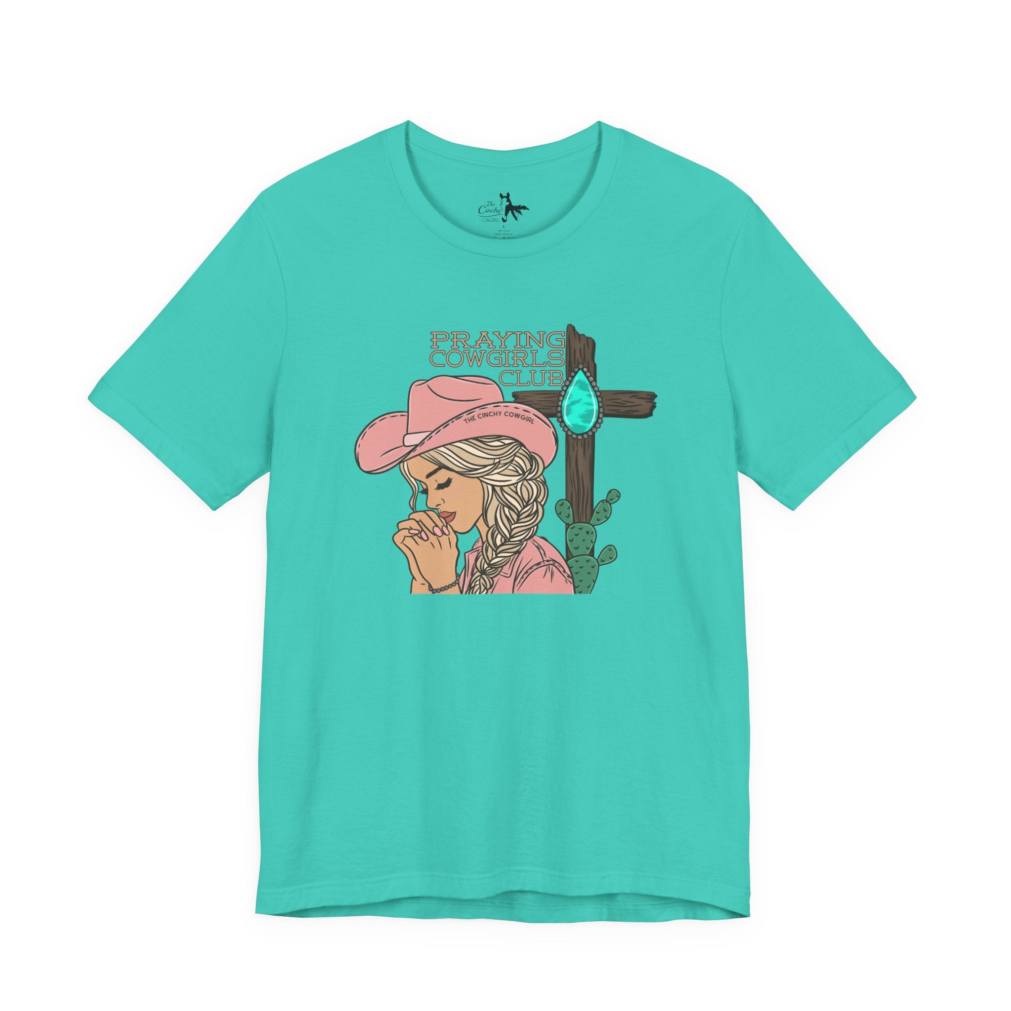 Praying Cowgirls Club Short Sleeve Tee Graphic Tee The Cinchy Cowgirl - Print Teal XS
