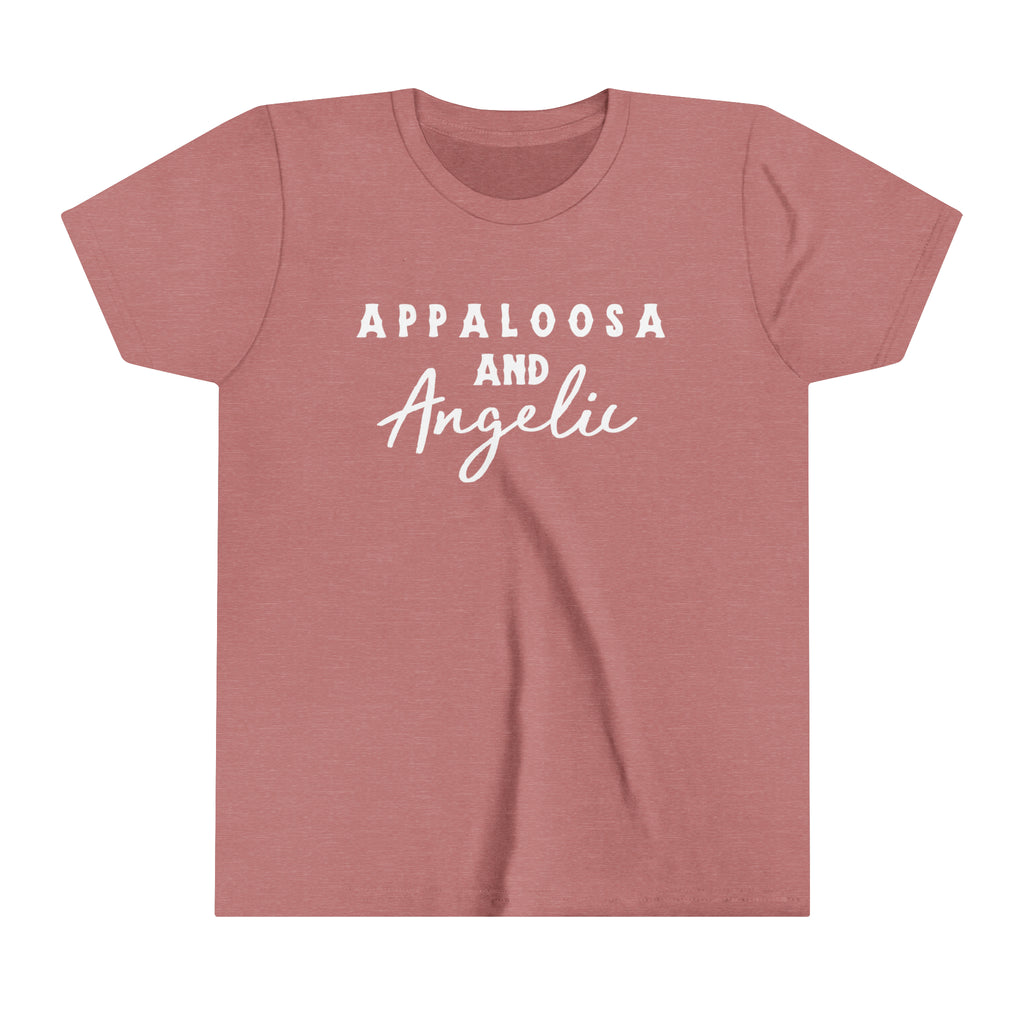 Western mauve youth short sleeve with white lettering that reads "Appaloosa & Angelic".