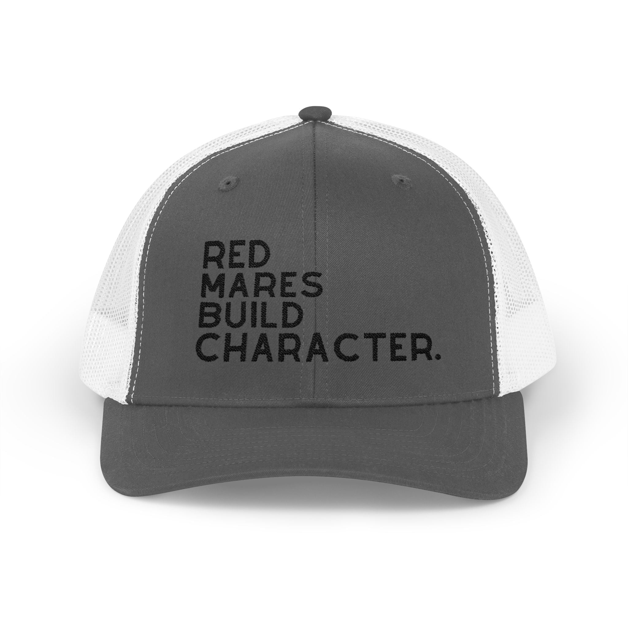 Red Mares Build Character Trucker Hat Embroidered TCC Hat The Cinchy Cowgirl - Print Charcoal / White