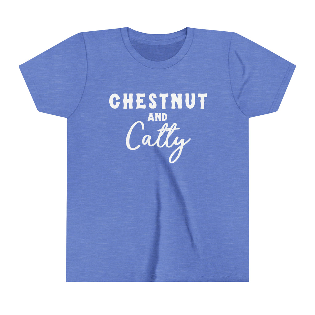 Blue youth short sleeve with white lettering reading "Chestnut and Catty". 