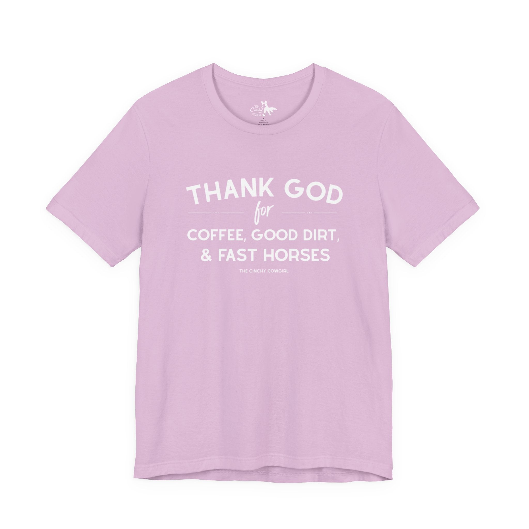 Thank God for Coffee, Good Dirt & Fast Horses Short Sleeve Tee T-Shirt The Cinchy Cowgirl - Print Lilac XS