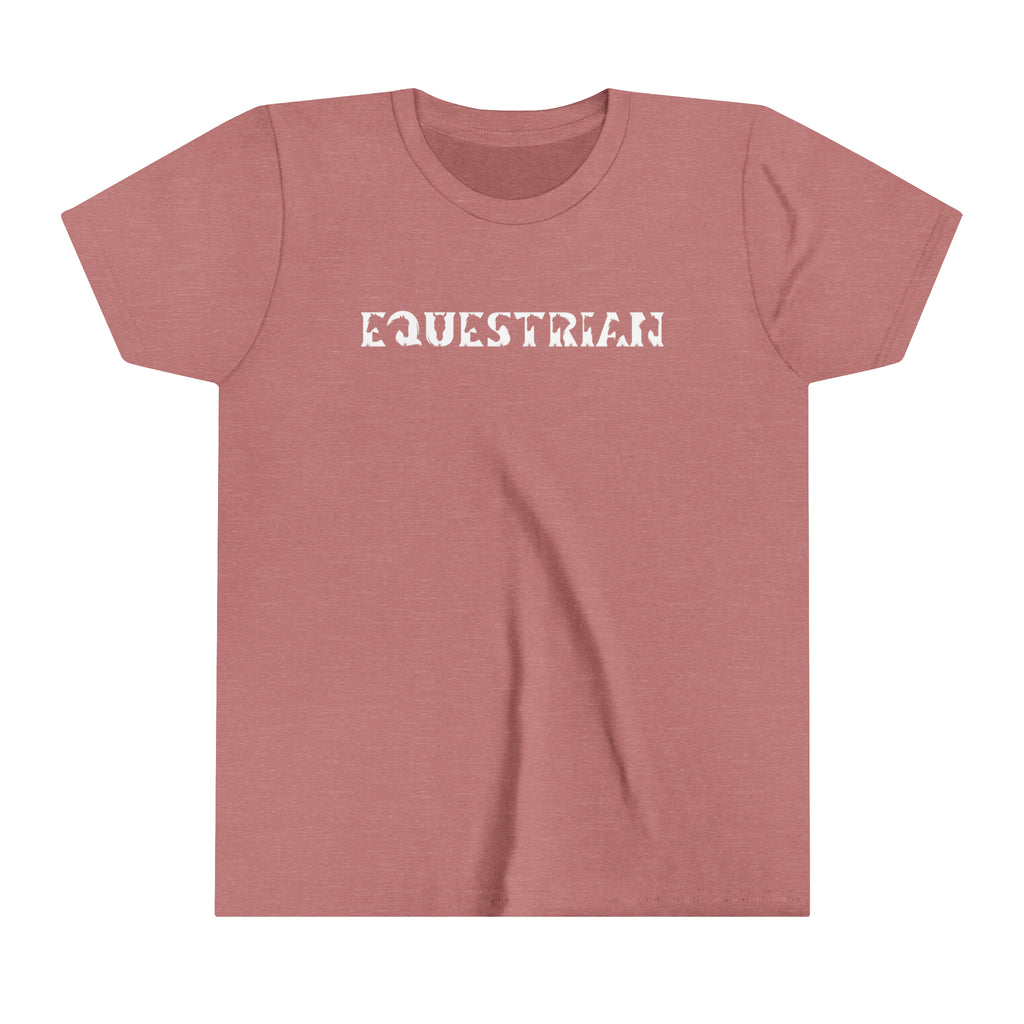 Mauve youth short sleeve with white lettering reading "Equestrian" with horse cutouts in the lettering.