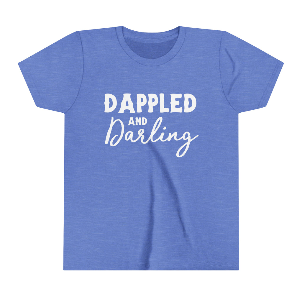 Blue youth short sleeve with white lettering reading "Dappled and Darling". 