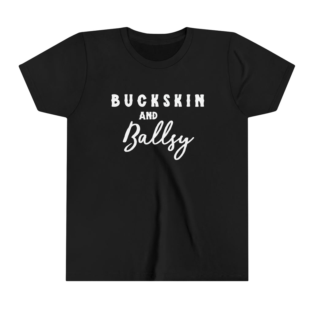 Black youth short sleeve with white lettering reading "Buckskin and Ballsy". 