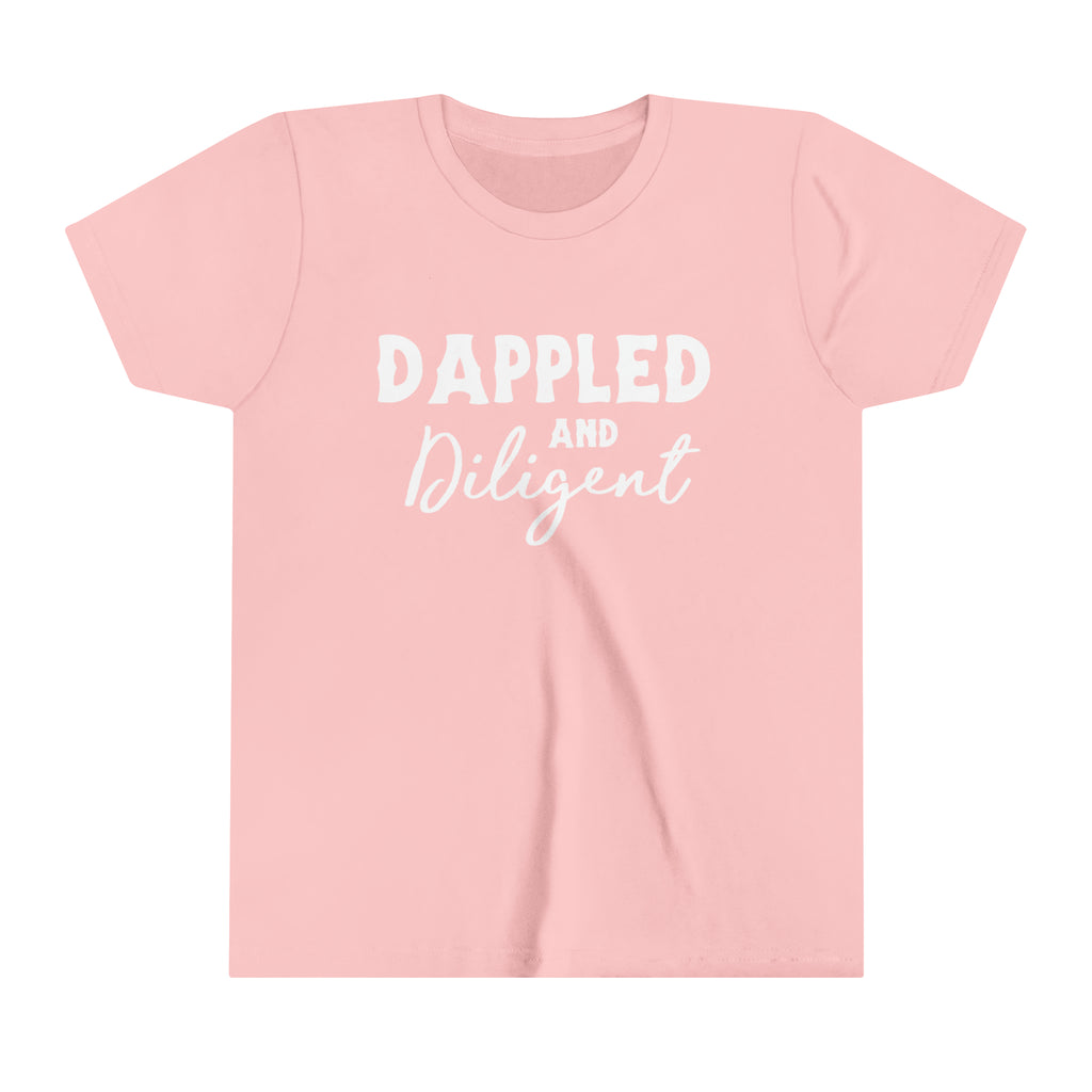 Pink youth short sleeve with white lettering reading "Dappled and Diligent". 