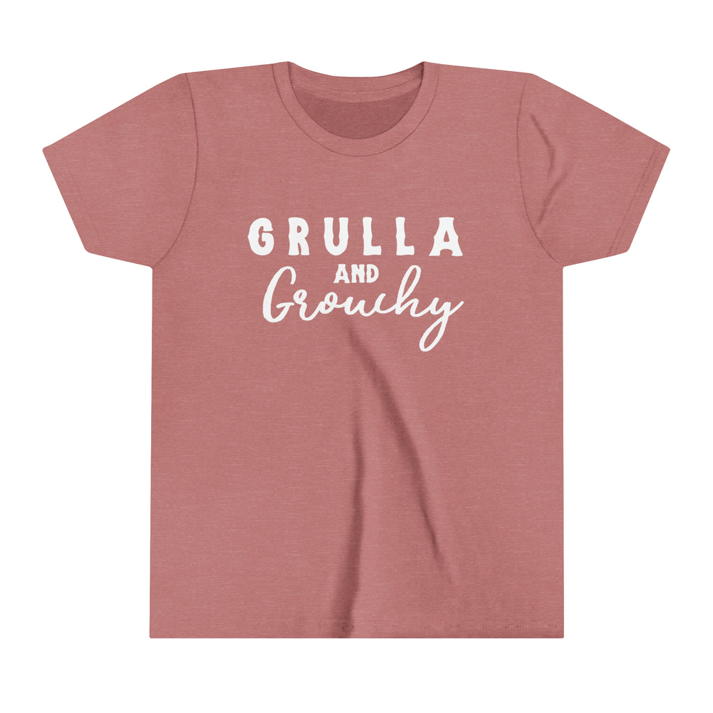 Mauve youth short sleeve with white lettering reading "Grulla and Grouchy".