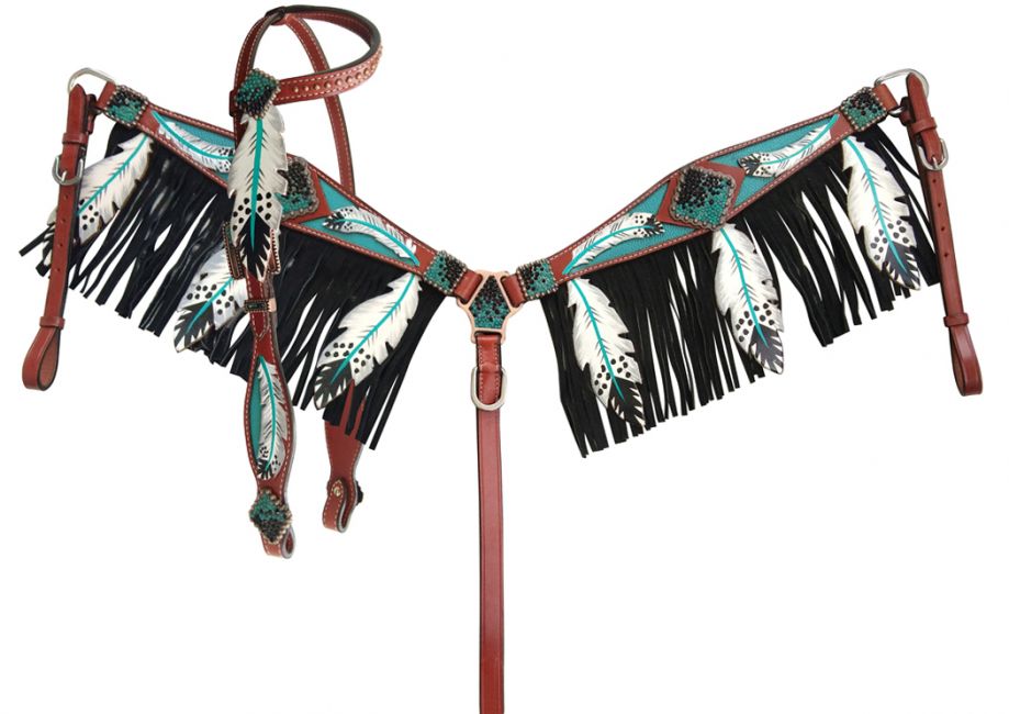 Western one ear headstall set with turquoise inlay and feather cut outs. Feather cutout fall for the fringe in front of black contrasting fringe. Black and turquoise jeweled conchos accent the piece. 
