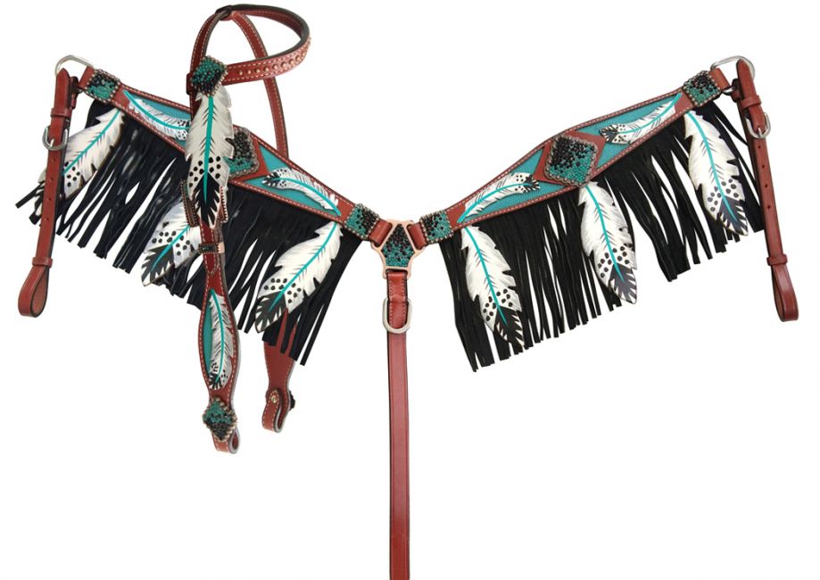 Cut-Out Teal Feather Fringe Headstall Set headstall set Shiloh   