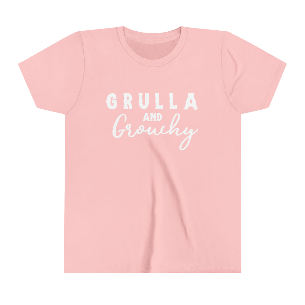 Pink youth short sleeve with white lettering reading "Grulla and Grouchy".