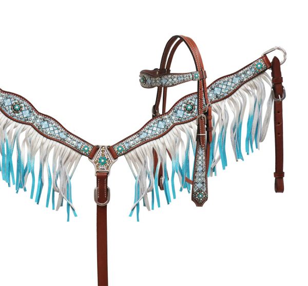 Western headstall seet with blue diamond inlays with silver studs and blue jeweled conchos. 