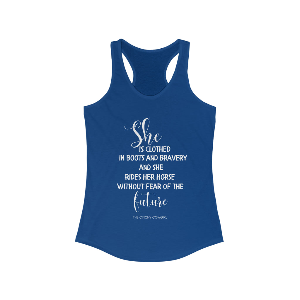 She is Clothed Racerback Tank tcc graphic tee Printify XS Solid Royal 