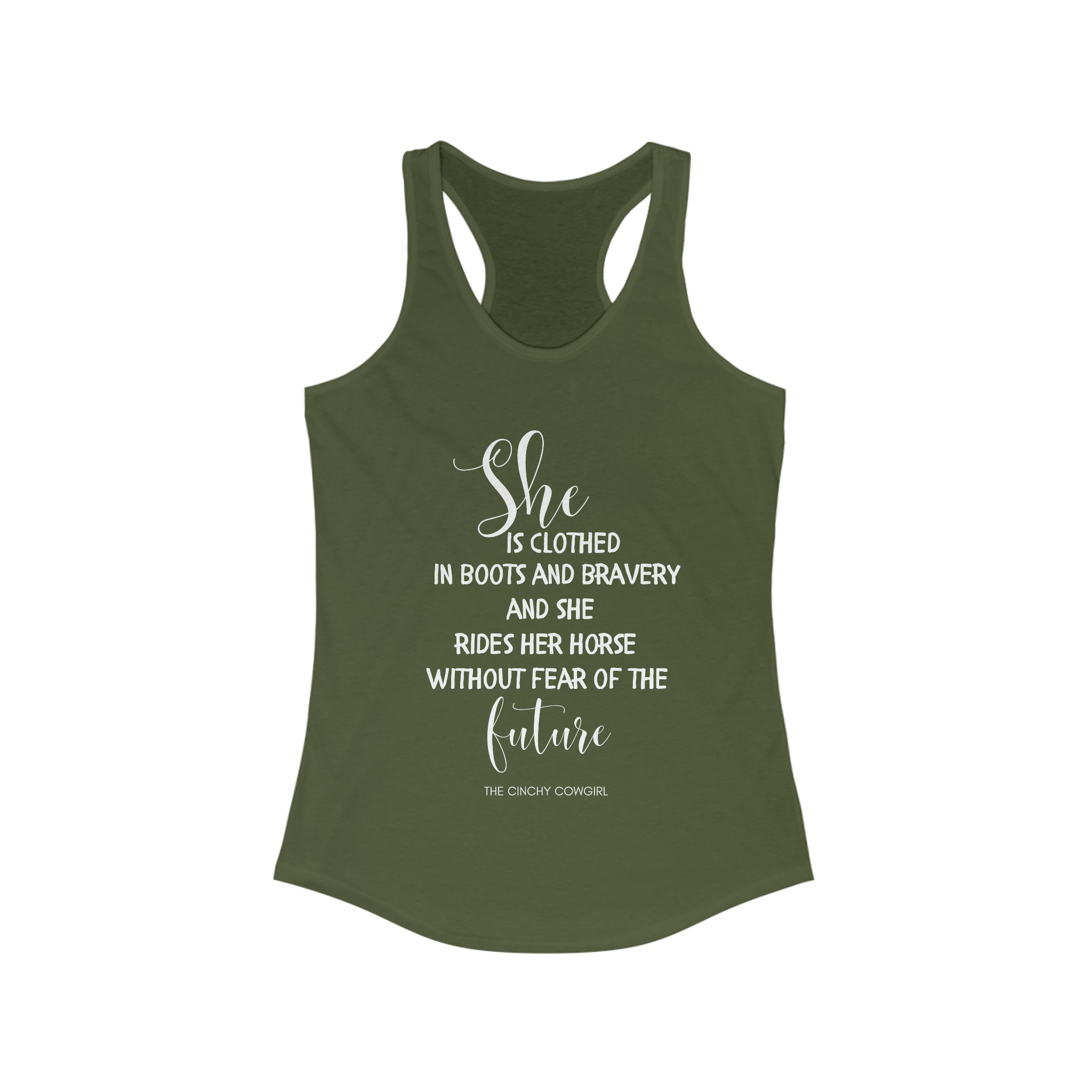 She is Clothed Racerback Tank tcc graphic tee Printify XS Solid Military Green