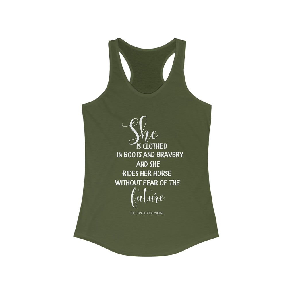 She is Clothed Racerback Tank tcc graphic tee Printify S Solid Military Green 