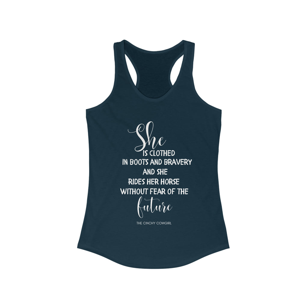 She is Clothed Racerback Tank tcc graphic tee Printify XS Solid Midnight Navy 