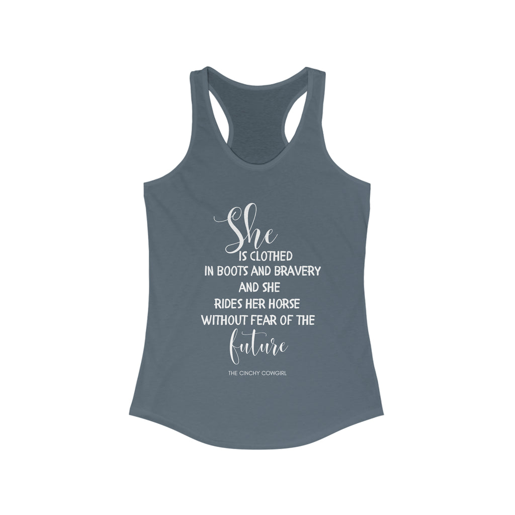 She is Clothed Racerback Tank tcc graphic tee Printify XS Solid Indigo 