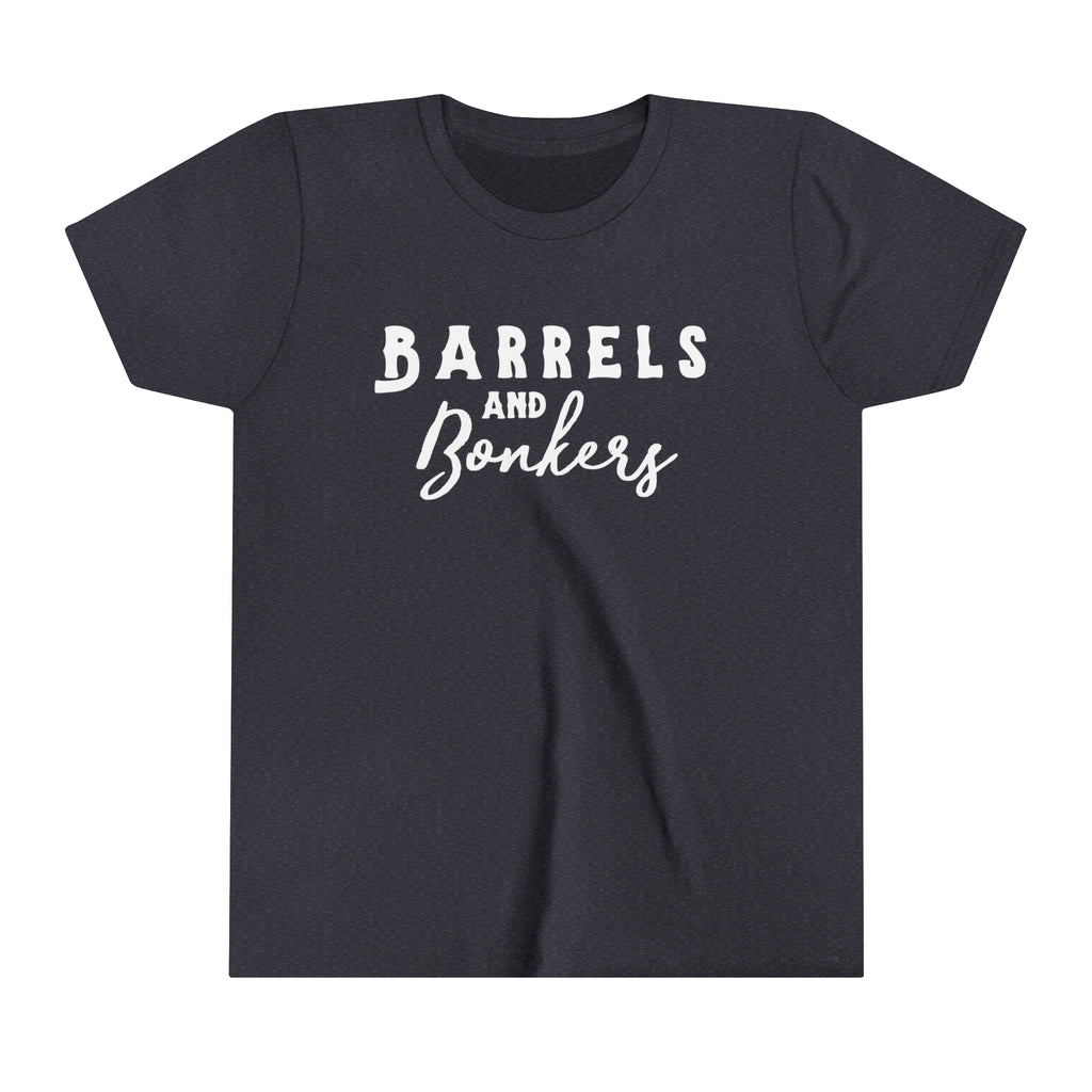 Navy youth short sleeve with white lettering reading "Barrels and Bonkers".