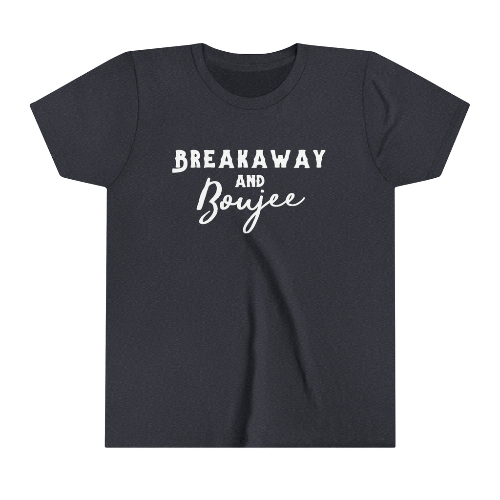 Navy youth short sleeve with white lettering reading "Breakaway and Boujee".