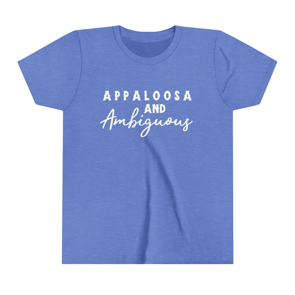 Western blue youth short sleeve with white lettering that reads "Appaloosa & Ambiguous".