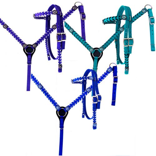 Nylon multi color  headstall with accented whip stitch and and crystal conchos. 
