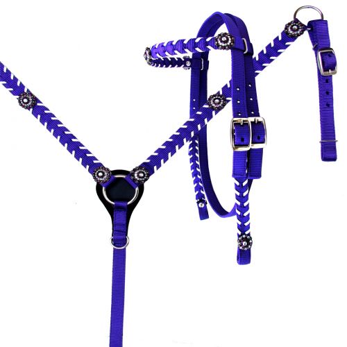 Nylon purple headstall with accented with dark white whip stitch and and crystal conchos. Crystal conchos have purple, dark grey and white jewels.