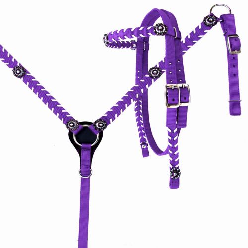 Nylon light purple headstall with accented with dark white  whip stitch and and crystal conchos. Crystal conchos have purple, dark grey and white jewels.
