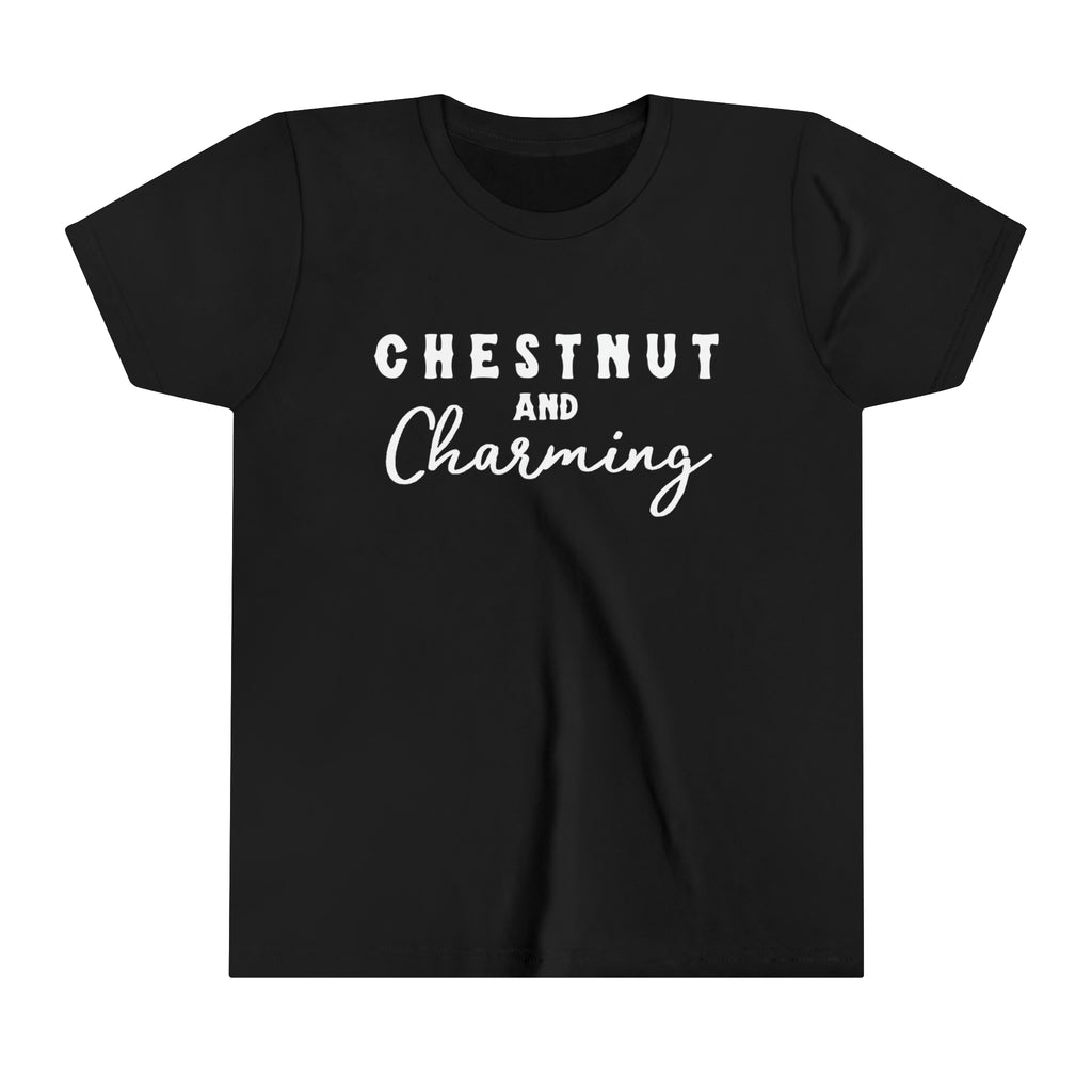 Black youth short sleeve with white lettering reading "Chestnut and Charming". 