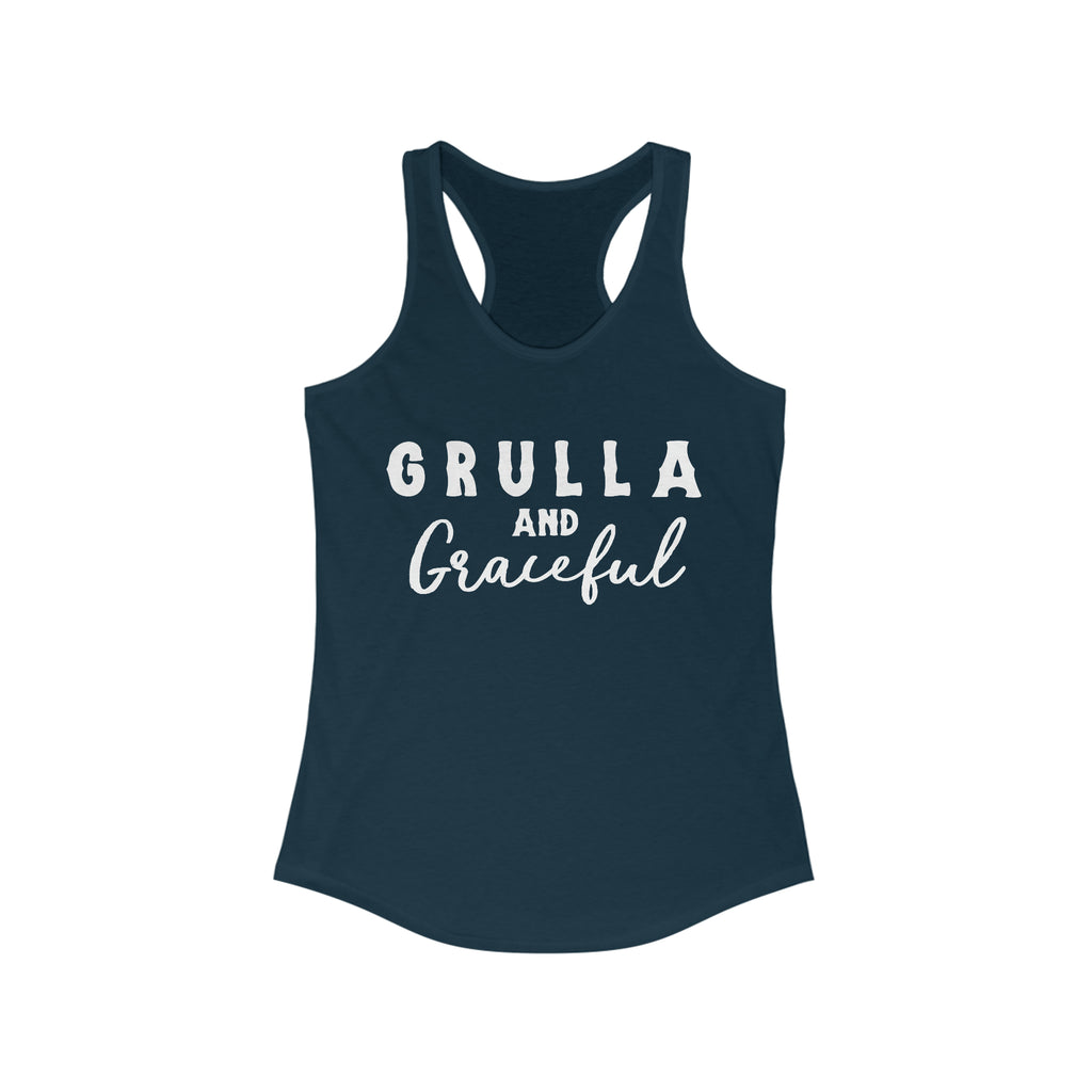 Navy tank top with white lettering reading "Grulla and Graceful". Tank top is displayed on a white background. 