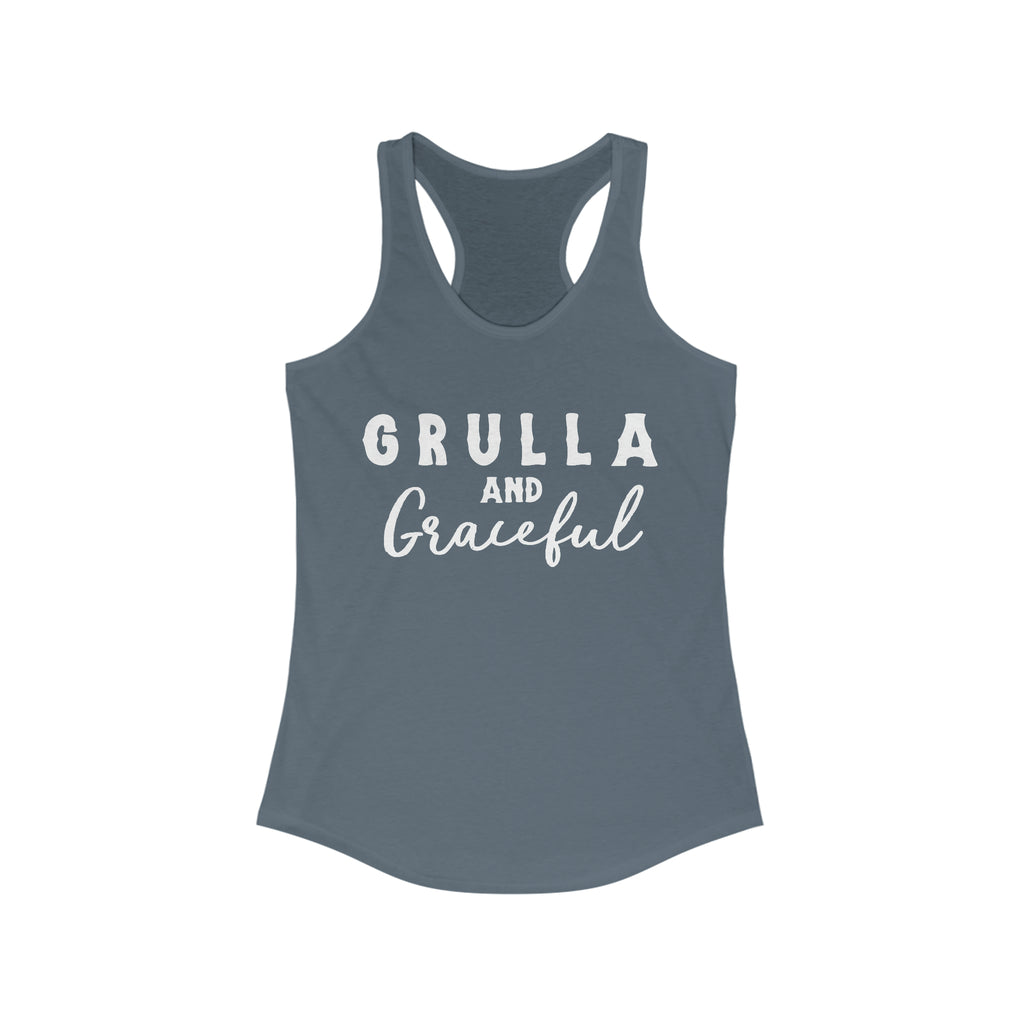 Indigo tank top with white lettering reading "Grulla and Graceful". Tank top is displayed on a white background. 