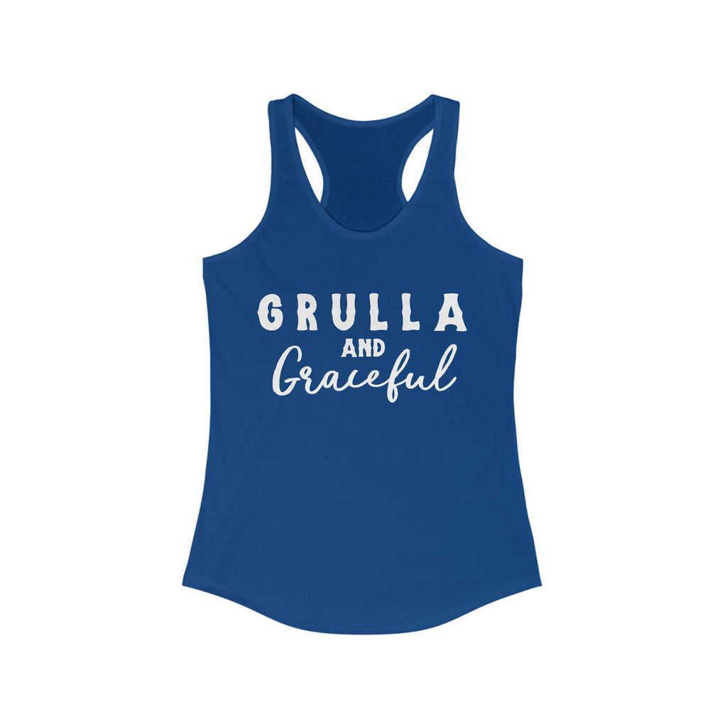 Royal blue tank top with white lettering reading "Grulla and Graceful". Tank top is displayed on a white background. 