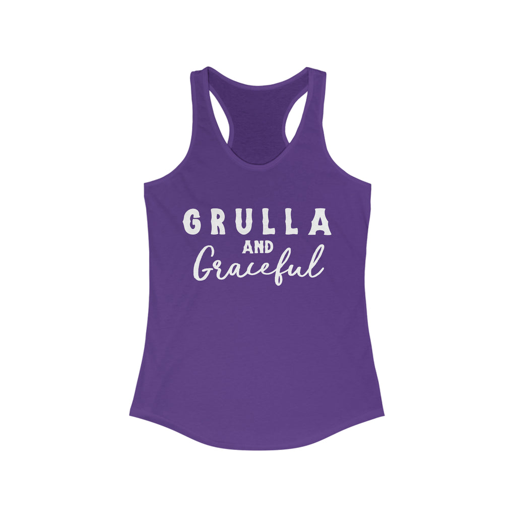 Purple tank top with white lettering reading "Grulla and Graceful". Tank top is displayed on a white background. 