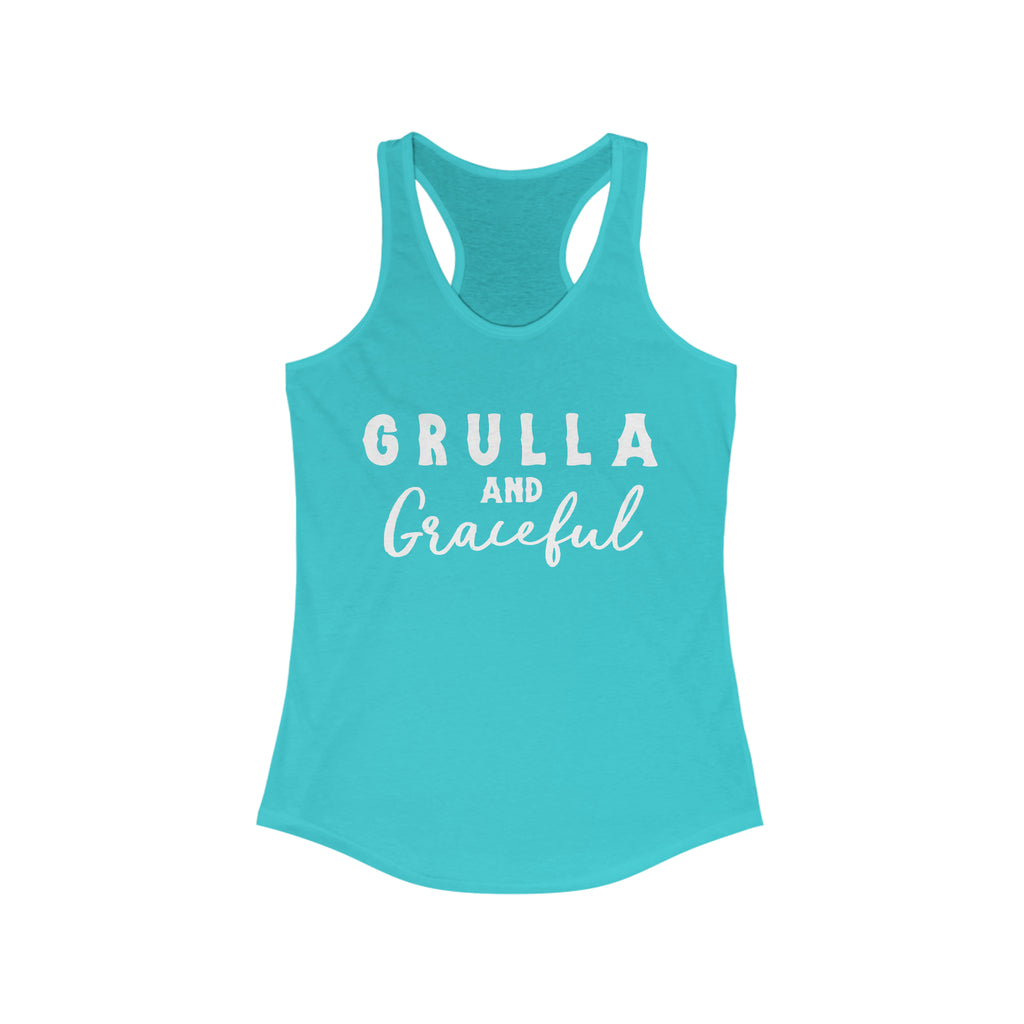 Teal tank top with white lettering reading "Grulla and Graceful". Tank top is displayed on a white background. 