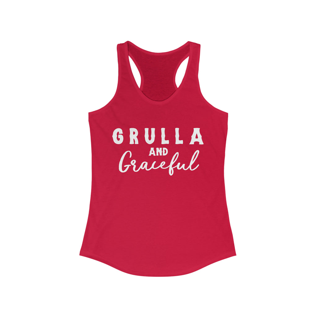 Red tank top with white lettering reading "Grulla and Graceful". Tank top is displayed on a white background. 