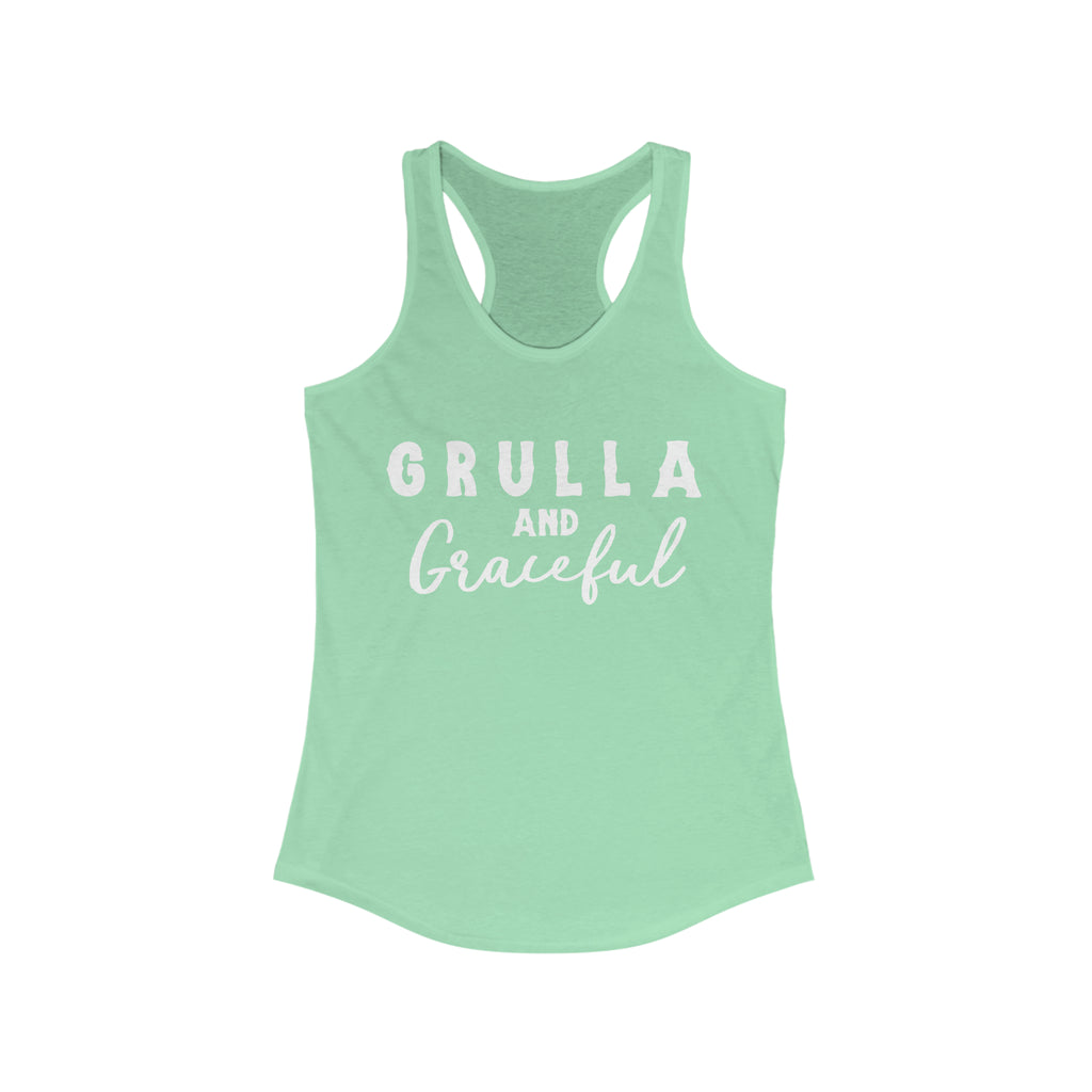 Mint tank top with white lettering reading "Grulla and Graceful". Tank top is displayed on a white background. 