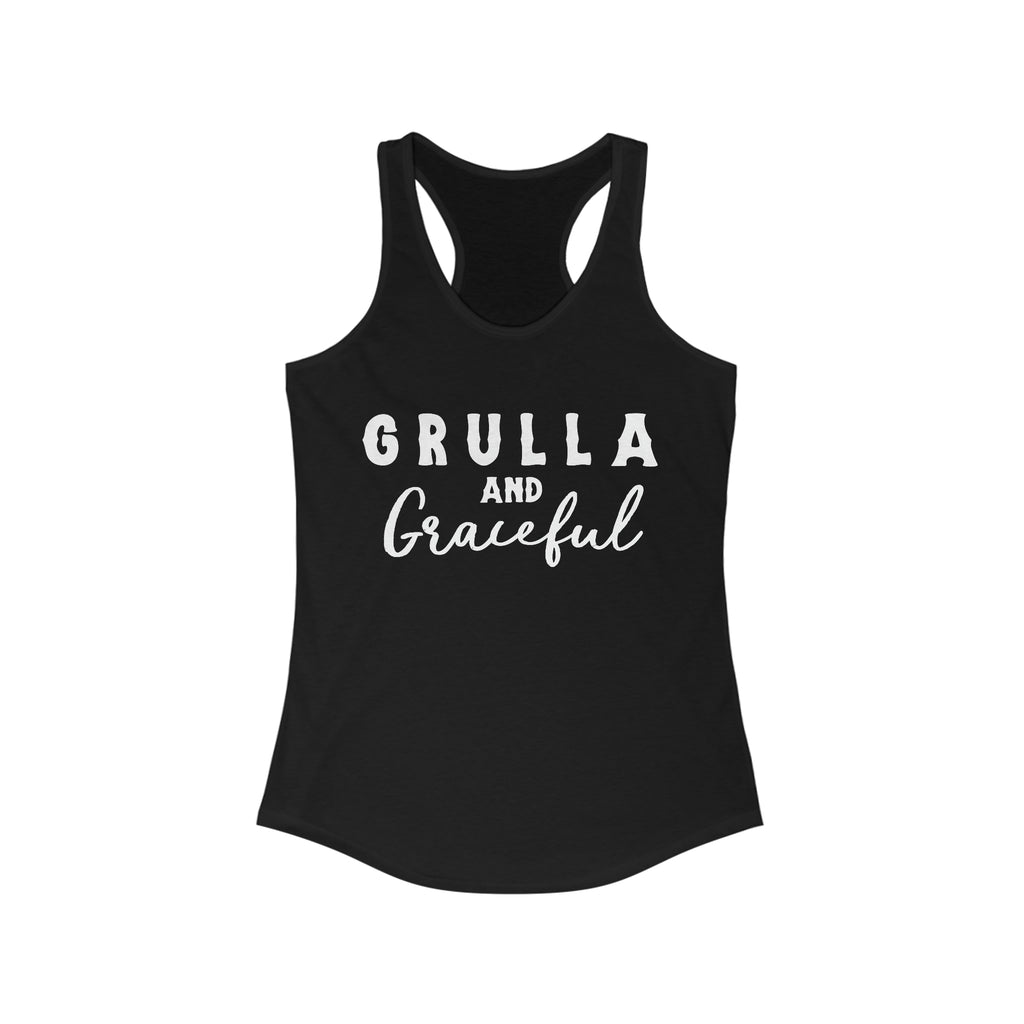 Black tank top with white lettering reading "Grulla and Graceful". Tank top is displayed on a white background. 