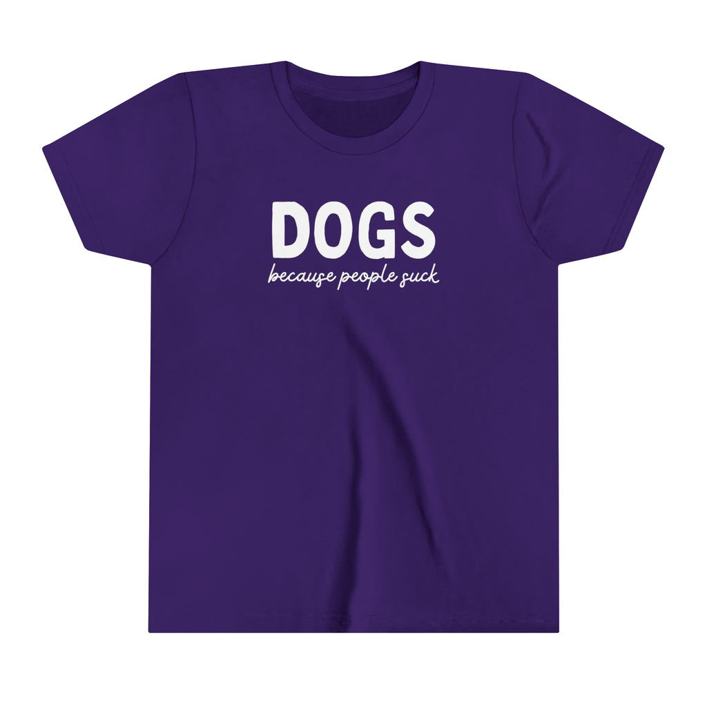 Purple youth short sleeve with black lettering reading "Dog mom of the Freakin Year". 