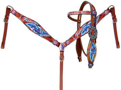 Medium oil headstall set with painted red, white, and blue feather and the word "Freedom" with red, white, and blue conchos accenting the piece. 