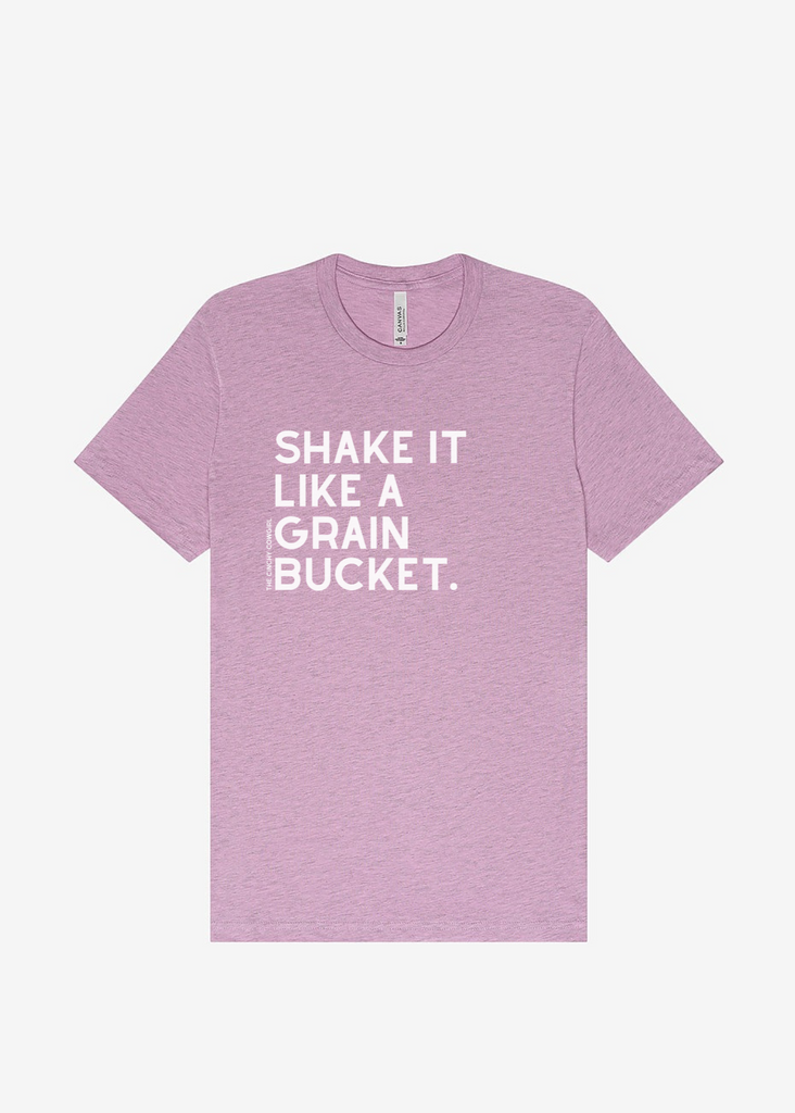 Shake It Like A Grain Bucket Short Sleeve Graphic Tee [16 Colors] Short Sleeve Graphic Tee The Cinchy Cowgirl Heather Lilac Small