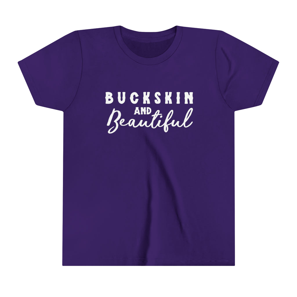 Purple youth short sleeve with white lettering reading "Buckskin and Beautiful".