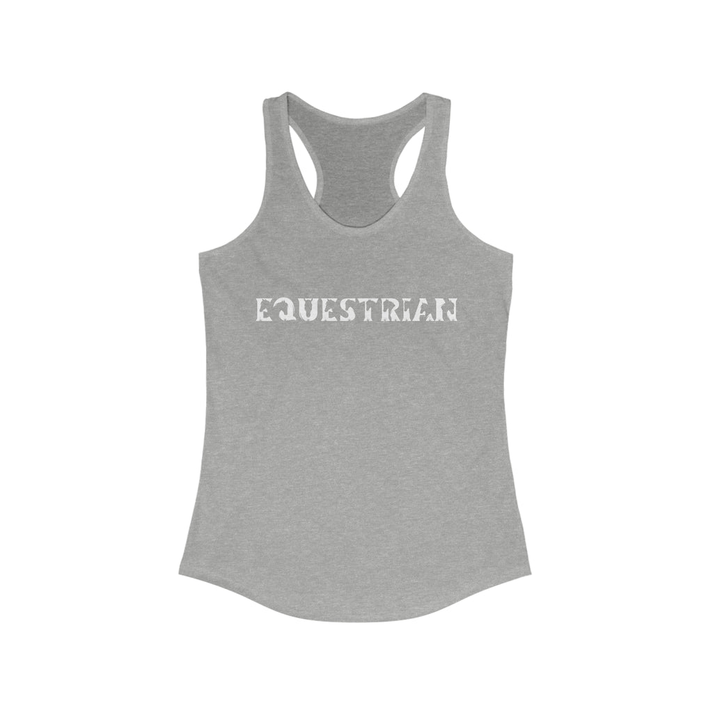 Grey tank top with white lettering reading "Equestrian" with horse cutouts in the lettering.