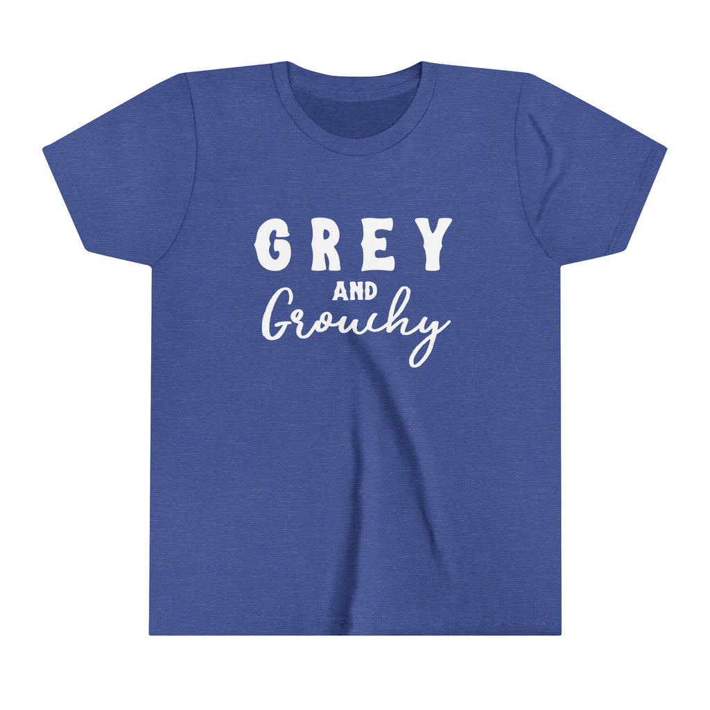 Royal blue youth short sleeve with white lettering reading "Grey and Grouchy".
