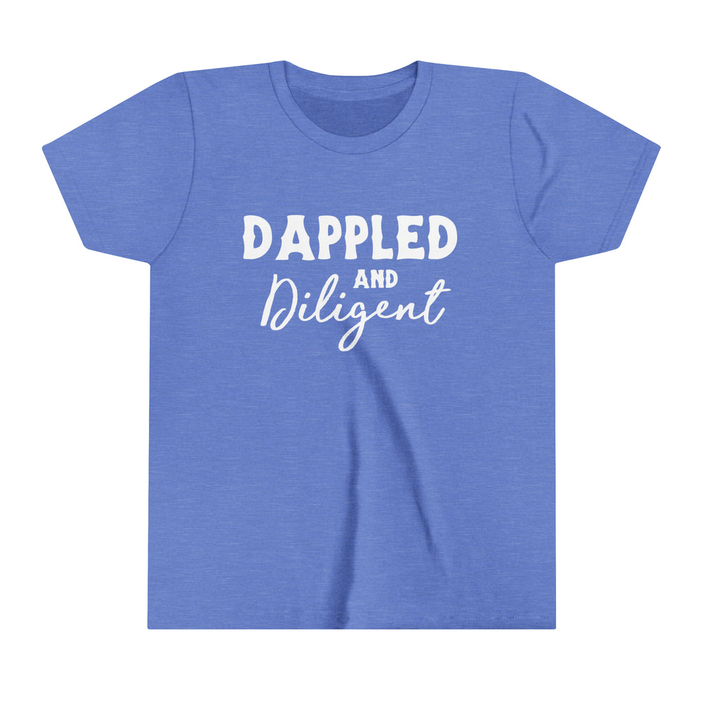 Blue youth short sleeve with white lettering reading "Dappled and Diligent". 