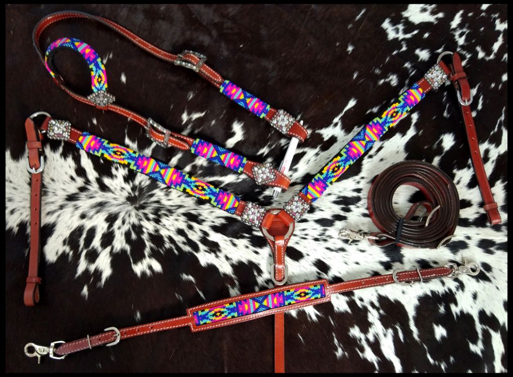 Neon Beaded Tribal 4 Piece Headstall Set headstall set Shiloh