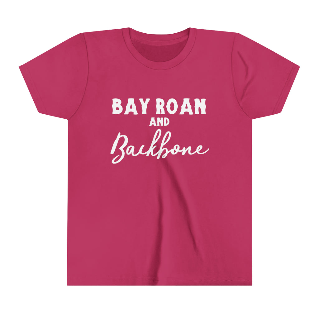 Berry youth short sleeve with white lettering reading "Bay Roan and Backbone". 