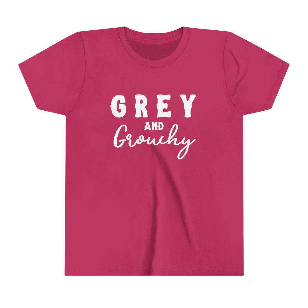 Berry youth short sleeve with white lettering reading "Grey and Grouchy".