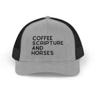 Embroidered Coffee Scripture and Horses Trucker Hat [23 Colors] Embroidered TCC Hat The Cinchy Cowgirl - Print Heather Grey / Black